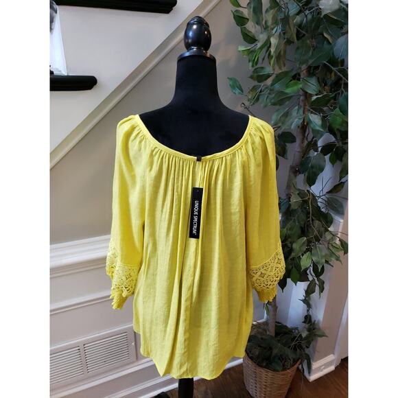 Women's Unique Spectrum 1X Yellow Boho Peasant Blouse Crochet Sleeve Top - Picture 9 of 15